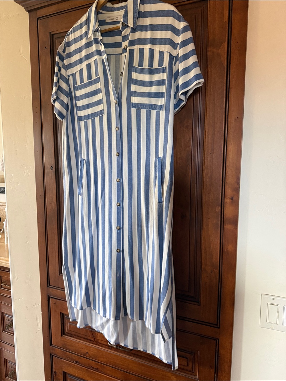 💯 cotton summer striped Blue and White High-Low Shirt Dress